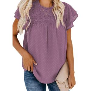 imageDokotoo Womens Crewneck Lace Crochet Pom Pom Flowy Short Sleeve Casual Shirts Blouses TopsC Purple