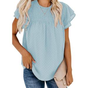 imageDokotoo Womens Crewneck Lace Crochet Pom Pom Flowy Short Sleeve Casual Shirts Blouses TopsC Sky Blue