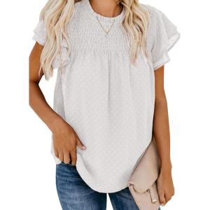 imageDokotoo Womens Crewneck Lace Crochet Pom Pom Flowy Short Sleeve Casual Shirts Blouses TopsC White
