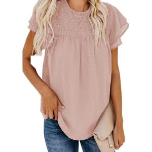 imageDokotoo Womens Crewneck Lace Crochet Pom Pom Flowy Short Sleeve Casual Shirts Blouses TopsPink