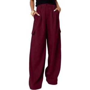 imageDokotoo Womens High Waisted Wide Leg Cargo Pants Baggy Casual Trendy Work Pants with 4 PocketsBurgundy