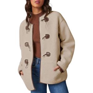 imageDokotoo Womens Long Sleeve Jackets Fashion Faux Shearling Oversized Color Block Button Sherpa Jacket CoatsApricot