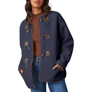 imageDokotoo Womens Long Sleeve Jackets Fashion Faux Shearling Oversized Color Block Button Sherpa Jacket CoatsBlue