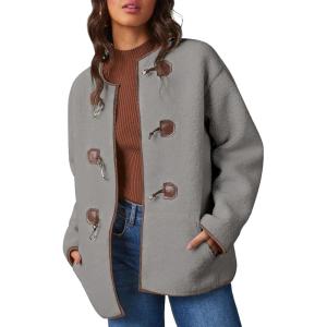 imageDokotoo Womens Long Sleeve Jackets Fashion Faux Shearling Oversized Color Block Button Sherpa Jacket CoatsGrey