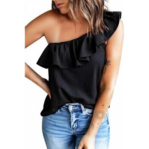 imageDokotoo Womens One Shoulder Tops Ruffled Solid Tunic Shirts Sleeveless Loose Tank TopBlack