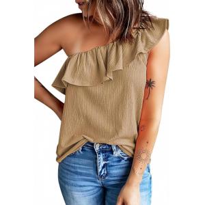 imageDokotoo Womens One Shoulder Tops Ruffled Solid Tunic Shirts Sleeveless Loose Tank TopKhaki