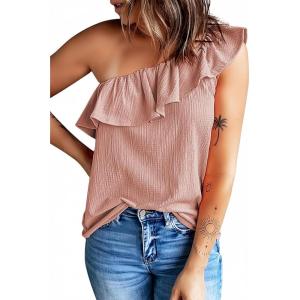 imageDokotoo Womens One Shoulder Tops Ruffled Solid Tunic Shirts Sleeveless Loose Tank TopPink