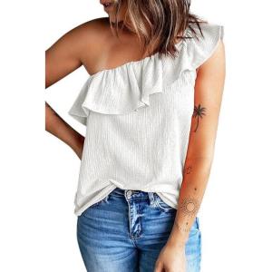 imageDokotoo Womens One Shoulder Tops Ruffled Solid Tunic Shirts Sleeveless Loose Tank TopWhite