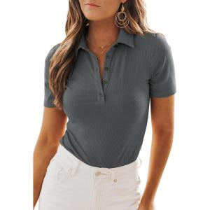 imageDokotoo Womens Polo Shirts Short Sleeve Collared V Neck T Shirts Summer Blouses Business Casual TopsCarbon Grey