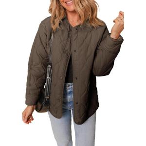 imageDokotoo Womens Quilted Lightweight Jackets Button Down Puffer Jacket Coats Padded Outwear with PocketsBrown