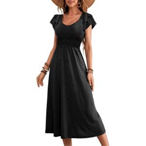 imageDokotoo Womens Ruffle Short Sleeve High Waisted Midi Dress 2025 Spring Summer Casual Crewneck ALine DressBlack