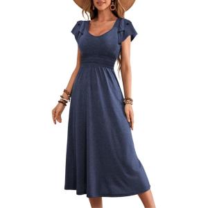 imageDokotoo Womens Ruffle Short Sleeve High Waisted Midi Dress 2025 Spring Summer Casual Crewneck ALine DressDirty Blue