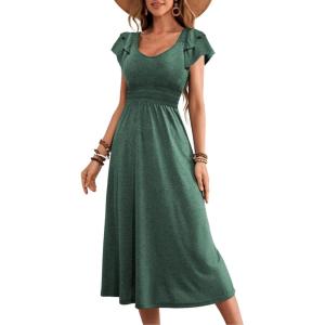 imageDokotoo Womens Ruffle Short Sleeve High Waisted Midi Dress 2025 Spring Summer Casual Crewneck ALine DressEvergreen