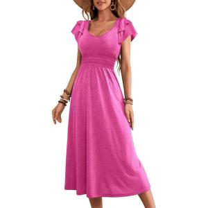 imageDokotoo Womens Ruffle Short Sleeve High Waisted Midi Dress 2025 Spring Summer Casual Crewneck ALine DressRose Red