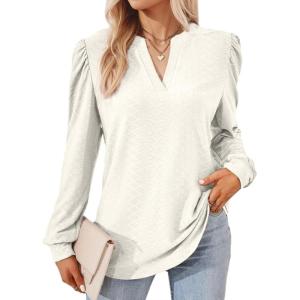 imageDokotoo Womens Spring Fashion 2025 Long Sleeve Tops Dressy Casual Blouses Trendy V Neck Puff Sleeve Shirts Business OutfitsBeige
