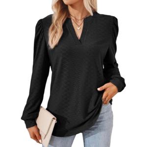 imageDokotoo Womens Spring Fashion 2025 Long Sleeve Tops Dressy Casual Blouses Trendy V Neck Puff Sleeve Shirts Business OutfitsBlack