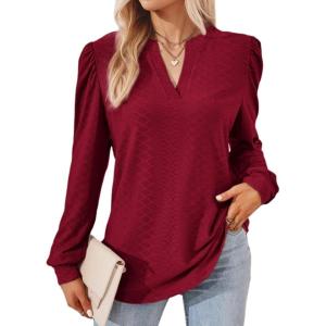 imageDokotoo Womens Spring Fashion 2025 Long Sleeve Tops Dressy Casual Blouses Trendy V Neck Puff Sleeve Shirts Business OutfitsBurgundy