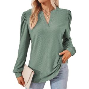 imageDokotoo Womens Spring Fashion 2025 Long Sleeve Tops Dressy Casual Blouses Trendy V Neck Puff Sleeve Shirts Business OutfitsMist Green