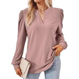 imageDokotoo Womens Spring Fashion 2025 Long Sleeve Tops Dressy Casual Blouses Trendy V Neck Puff Sleeve Shirts Business OutfitsPink