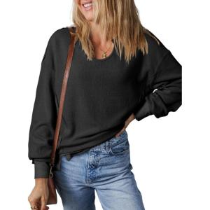 imageDokotoo Womens Spring Outfits V Neck Waffle Knit Tops Cropped Sweaters Long Sleeve Pullover Crop TopBlack