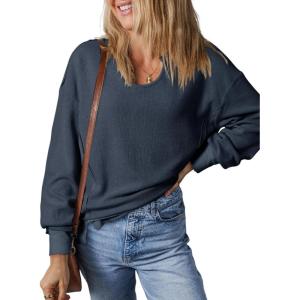 imageDokotoo Womens Spring Outfits V Neck Waffle Knit Tops Cropped Sweaters Long Sleeve Pullover Crop TopBlue