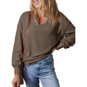 imageDokotoo Womens Spring Outfits V Neck Waffle Knit Tops Cropped Sweaters Long Sleeve Pullover Crop TopBrown