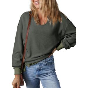 imageDokotoo Womens Spring Outfits V Neck Waffle Knit Tops Cropped Sweaters Long Sleeve Pullover Crop TopMoss Green