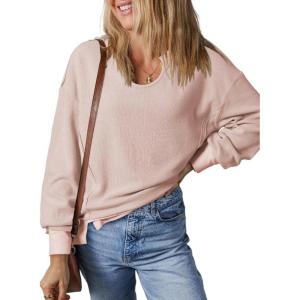 imageDokotoo Womens Spring Outfits V Neck Waffle Knit Tops Cropped Sweaters Long Sleeve Pullover Crop TopPink