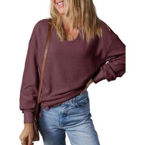 imageDokotoo Womens Spring Outfits V Neck Waffle Knit Tops Cropped Sweaters Long Sleeve Pullover Crop TopRed