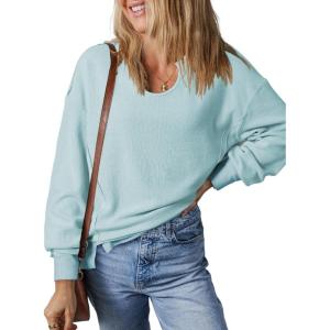 imageDokotoo Womens Spring Outfits V Neck Waffle Knit Tops Cropped Sweaters Long Sleeve Pullover Crop TopSky Blue