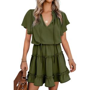 imageDokotoo Womens Spring Summer 2025 Short Sleeve Split V Neck Ruffle Chiffon Elegant Mini Short Skirt DressesZ Green
