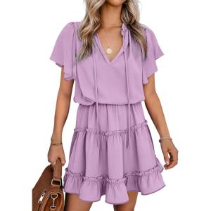imageDokotoo Womens Spring Summer 2025 Short Sleeve Split V Neck Ruffle Chiffon Elegant Mini Short Skirt DressesZ Purple