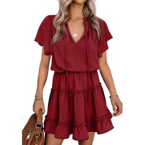 imageDokotoo Womens Spring Summer 2025 Short Sleeve Split V Neck Ruffle Chiffon Elegant Mini Short Skirt DressesZ Red