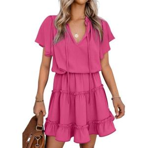 imageDokotoo Womens Spring Summer 2025 Short Sleeve Split V Neck Ruffle Chiffon Elegant Mini Short Skirt DressesZ Rose