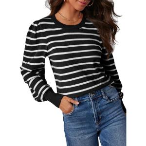 imageDokotoo Womens Striped Sweaters Puff Long Sleeve Crewneck Ribbed Knit Pullover Jumper TopsBlack