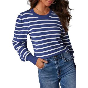 imageDokotoo Womens Striped Sweaters Puff Long Sleeve Crewneck Ribbed Knit Pullover Jumper TopsBlue