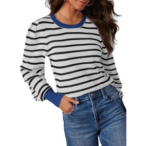 imageDokotoo Womens Striped Sweaters Puff Long Sleeve Crewneck Ribbed Knit Pullover Jumper TopsBlue Stripe