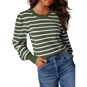 imageDokotoo Womens Striped Sweaters Puff Long Sleeve Crewneck Ribbed Knit Pullover Jumper TopsGreen