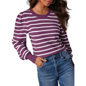 imageDokotoo Womens Striped Sweaters Puff Long Sleeve Crewneck Ribbed Knit Pullover Jumper TopsPurple