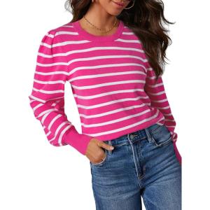 imageDokotoo Womens Striped Sweaters Puff Long Sleeve Crewneck Ribbed Knit Pullover Jumper TopsRed