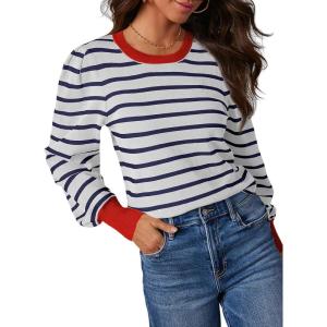 imageDokotoo Womens Striped Sweaters Puff Long Sleeve Crewneck Ribbed Knit Pullover Jumper TopsRed Stripe