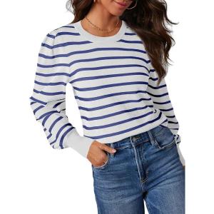 imageDokotoo Womens Striped Sweaters Puff Long Sleeve Crewneck Ribbed Knit Pullover Jumper TopsWhite