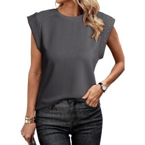 imageDokotoo Womens Studded Short Sleeve Tops Summer Casual Knit Solid Crew Neck Shirts BlousesDark Grey