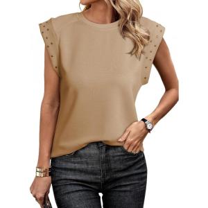 imageDokotoo Womens Studded Short Sleeve Tops Summer Casual Knit Solid Crew Neck Shirts BlousesLight French Beige