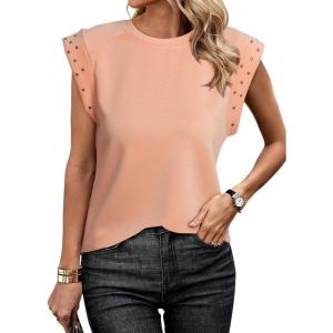 imageDokotoo Womens Studded Short Sleeve Tops Summer Casual Knit Solid Crew Neck Shirts BlousesPink