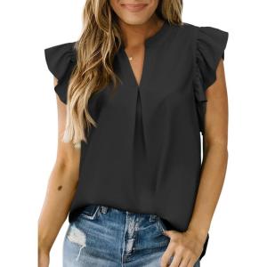 imageDokotoo Womens Summer Tops Dressy Casual V Neck Ruffle Short Sleeve Solid Blouses TopsBlack