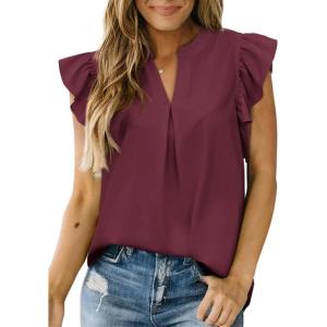 imageDokotoo Womens Summer Tops Dressy Casual V Neck Ruffle Short Sleeve Solid Blouses TopsDark Red