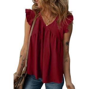 imageDokotoo Womens Summer Tops Dressy Casual V Neck Ruffle Short Sleeve Solid Blouses TopsRed