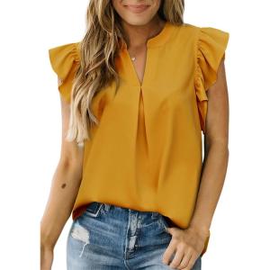 imageDokotoo Womens Summer Tops Dressy Casual V Neck Ruffle Short Sleeve Solid Blouses TopsYellow