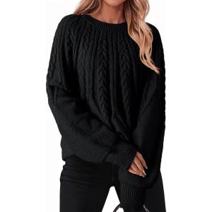 imageDokotoo Womens Sweaters Crewneck Long Sleeve Cable Knit Chunky Sweater Tops Fashion 2025 Fall OutifitsBlack